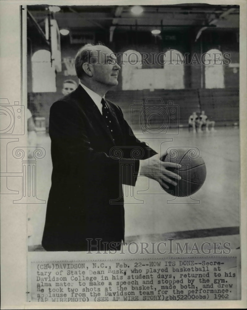 1962 Press Photo Sec of State Dean Rusk returned to his Alma mater Davidson Coll - Historic Images