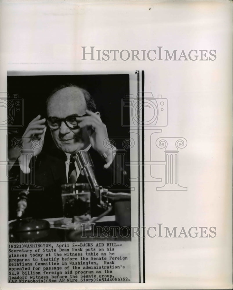 1962 Press Photo Sec of State Dean Rusk testifies before Sen Foreign Relations - Historic Images