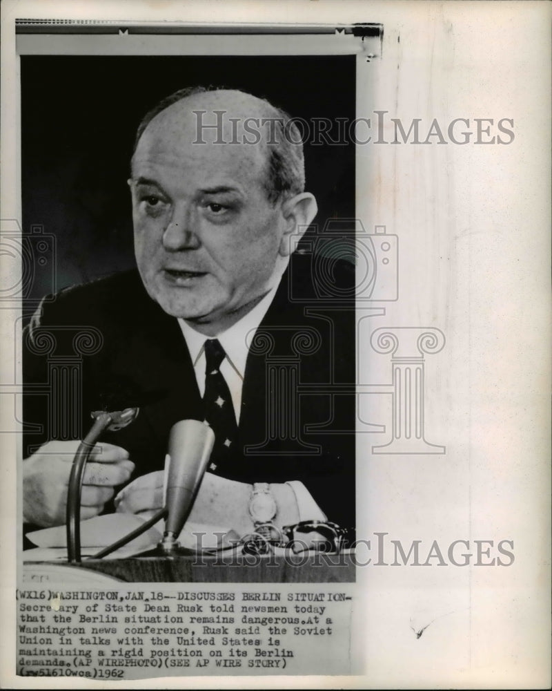 1962 Press Photo Rusk discusses Berlin situation remains dangerous in Washington - Historic Images