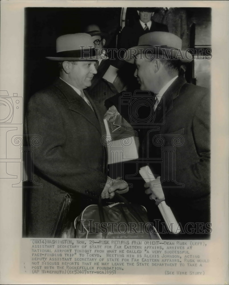 1951 Press Photo Rusk arrives at National Airport after successful trip to Tokyo - Historic Images