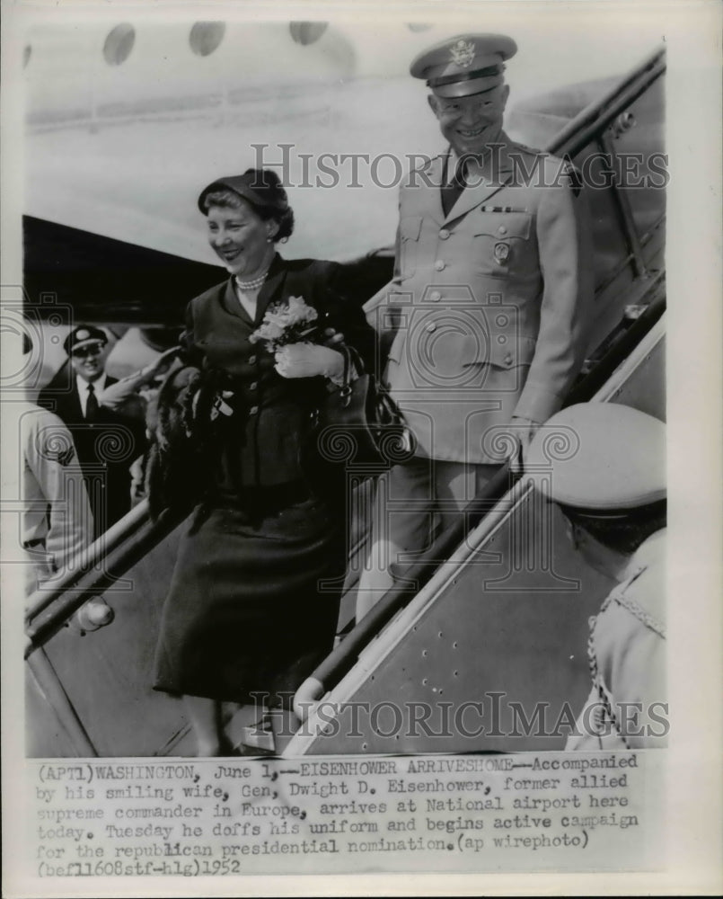 1952 Accompanied by his smiling wife, Gen. Dwight D. Eisenhower - Historic Images