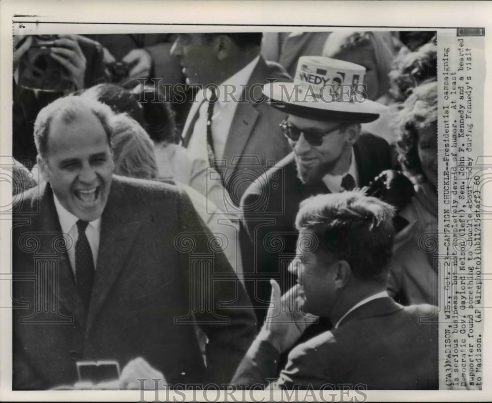 1960 Press Photo Nelson&Kennedy in campaign chuckle atKennedy's visit in Madison - Historic Images