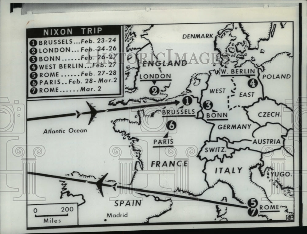 1969 Press Photo Map on cities Pres Nixon will visit on Western Europe trip - Historic Images