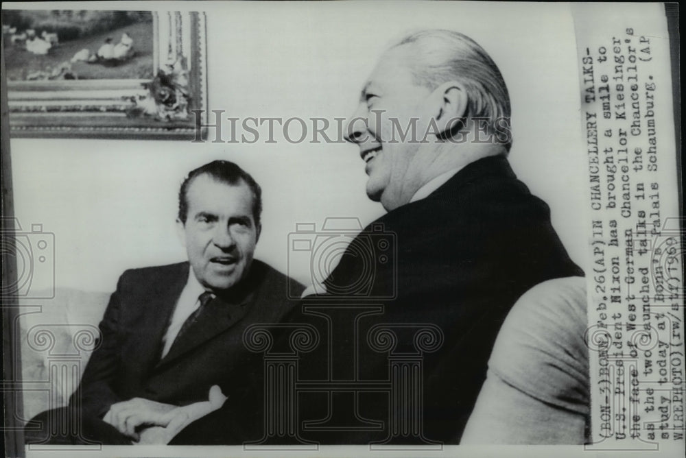 1969 Press Photo Nixon &amp; Kiesinger in chancellery talks at Bonn&#39;s Palais Scha. - Historic Images