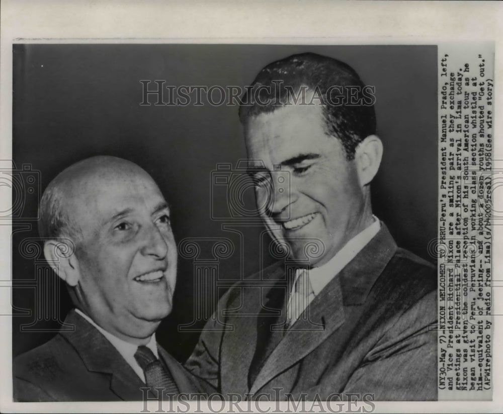 1958 Press Photo Peru&#39;s Pres Manuel Prado &amp; VP Richard Nixon in Lima, Peru - Historic Images