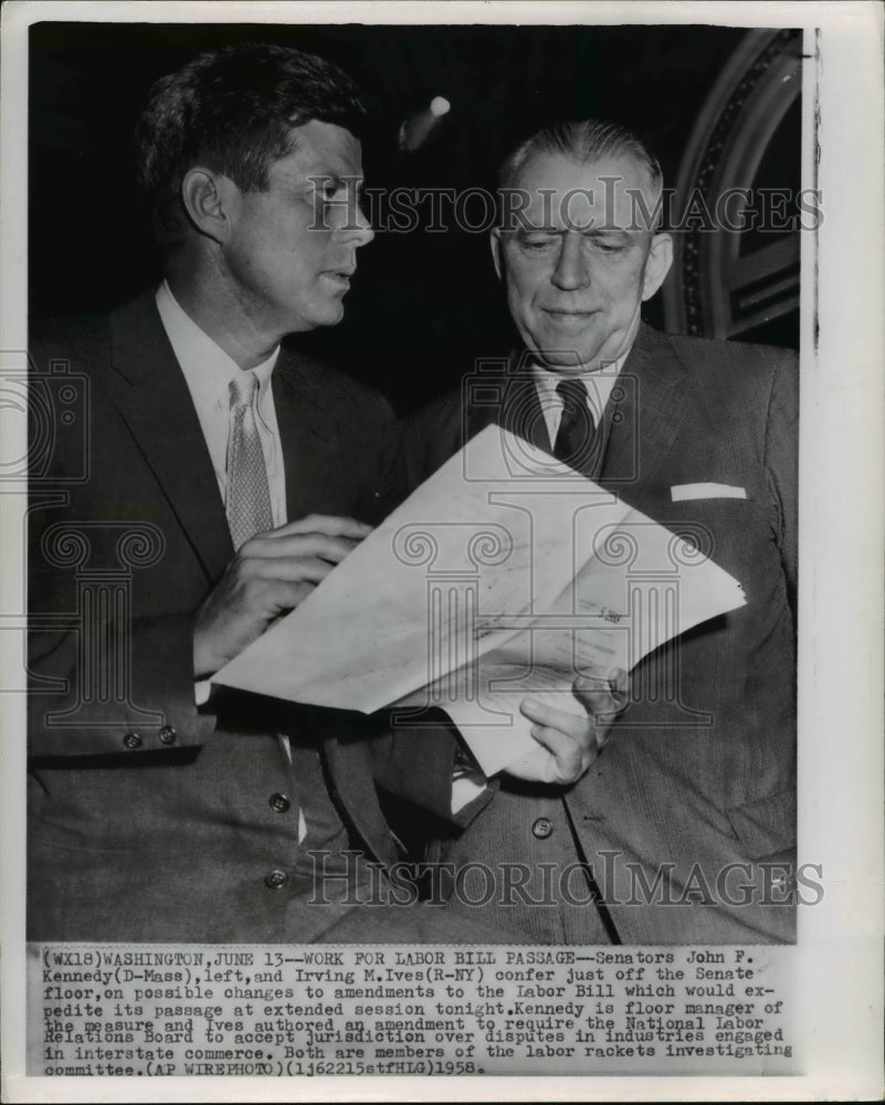 1958 Press Photo Senators John F. Kennedy and Irving Ives confer - Historic Images