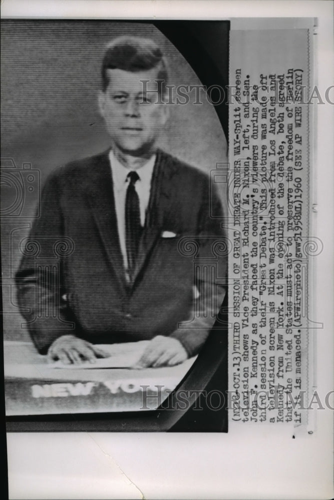 1960 Press Photo Split Screen TV shows VP Richard M. Nixon and Sen. John Kennedy - Historic Images