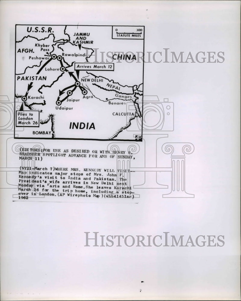 1962 Press Photo Map where Mrs. Kennedy will visit - Historic Images