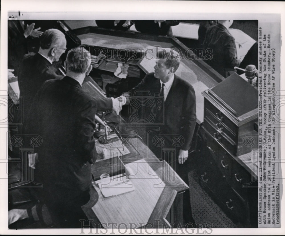 1962 Press Photo Pres. Kennedy handshakes with McCormack after his address - Historic Images