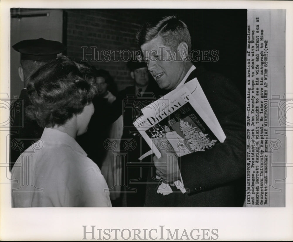 1960 Press Photo Pres-Elect John F Kennedy  chats with nurse Maureen Barret - Historic Images