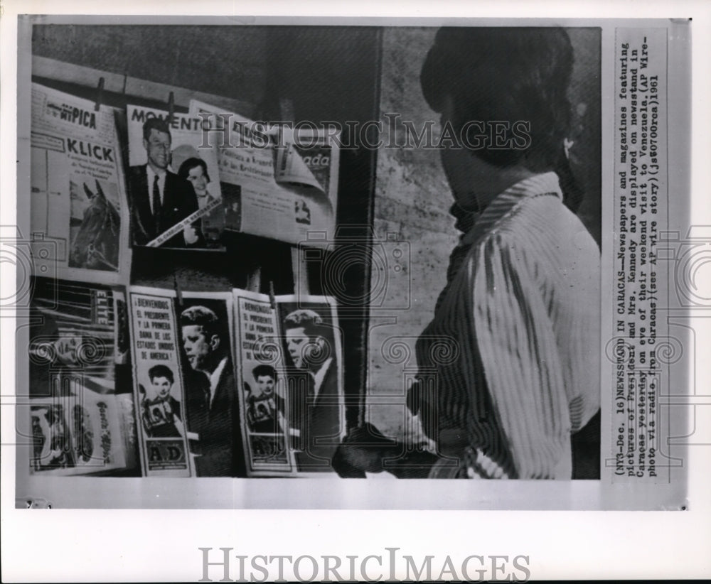 1961 Press Photo Newspapers &amp; magazines featuring Pres &amp; Mrs JFK in Caracas - Historic Images