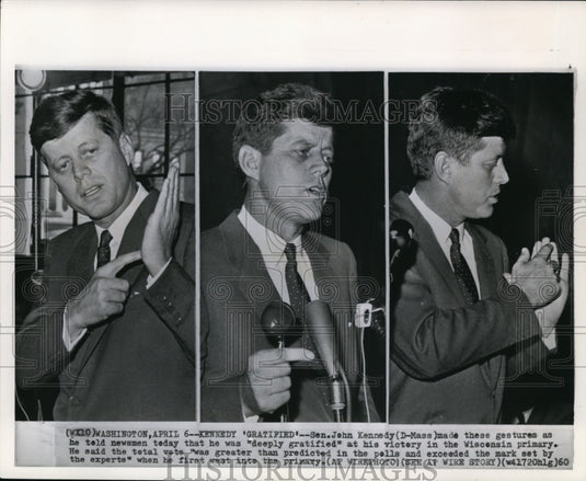 1960 Press Photo Sen. John Kennedy made these gestures as he told newsmen that - Historic Images