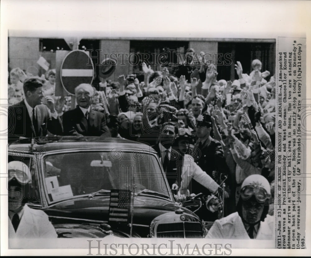 1963 Press Photo Show of Hands for Pres. Kennedy and Chancellor Adenaur - Historic Images