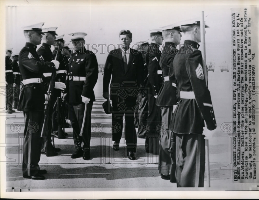 1961 Press Photo President Kennedy reviews U.S Marine Honor Guard led by - Historic Images