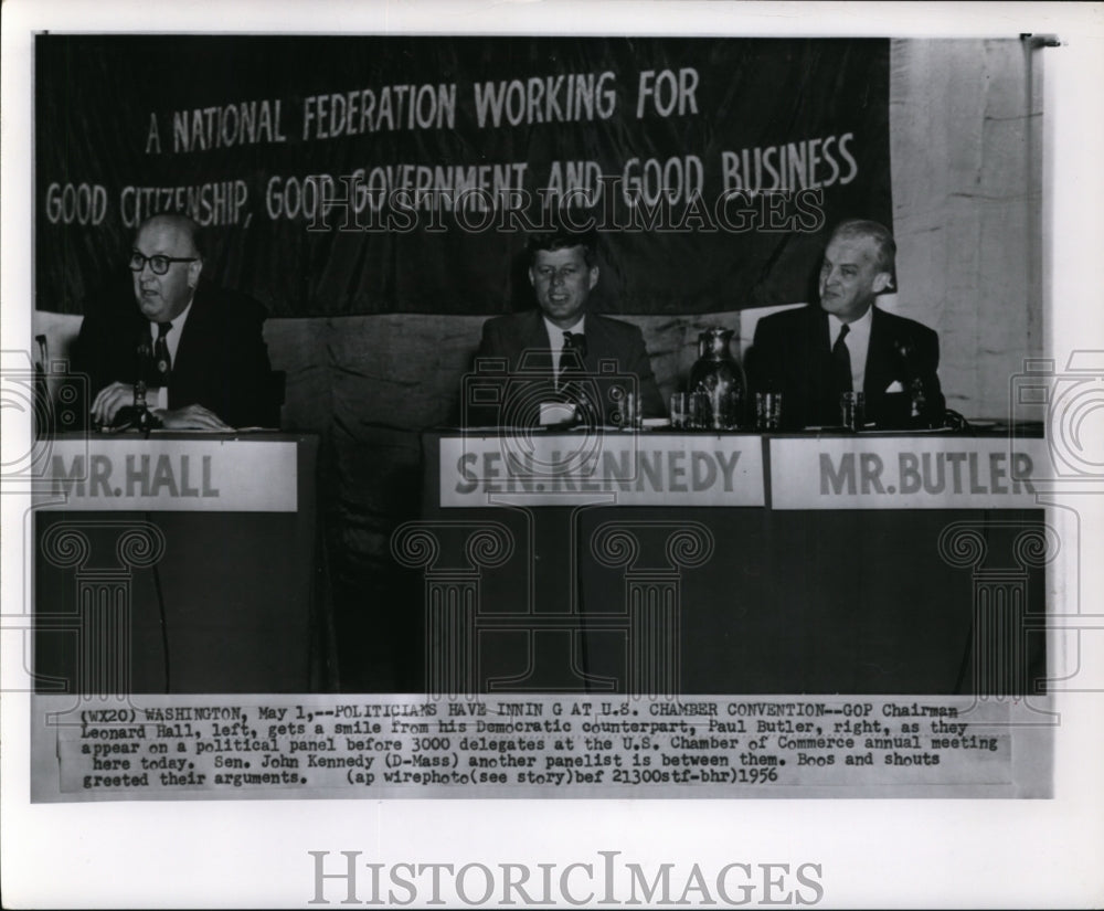 1956 Press Photo Sen. John Kennedy with Leonard Hall and Paul Butler. - Historic Images