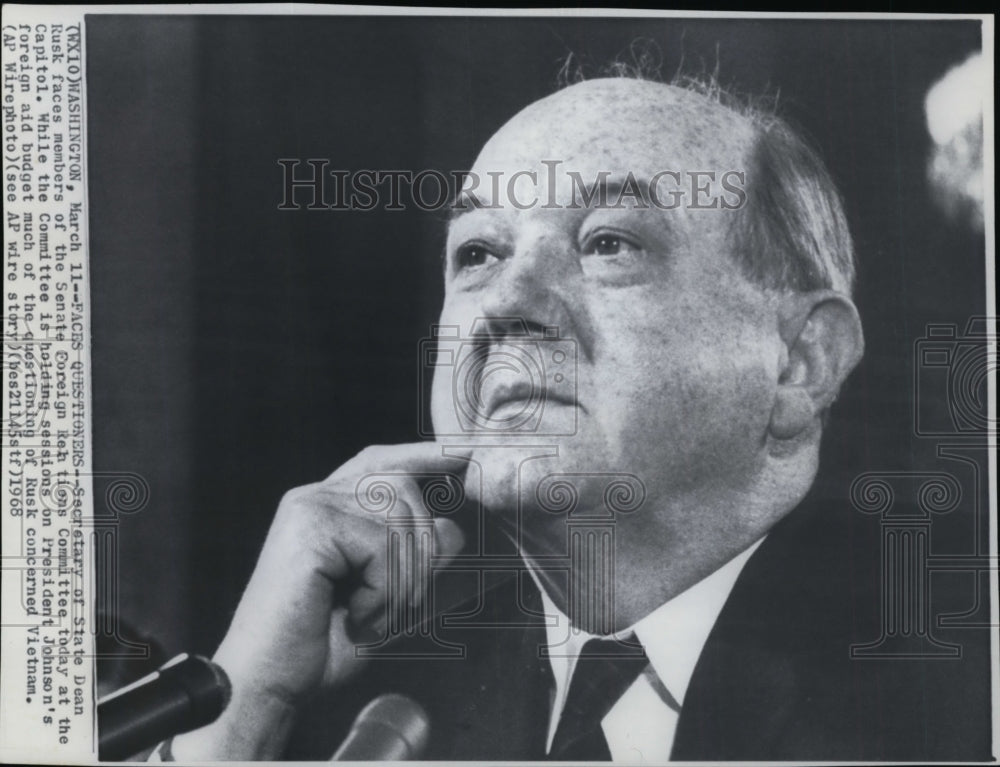 1968 Press Photo Dean Rusk of Sec. of State at Senate Foreign Relation Committee - Historic Images