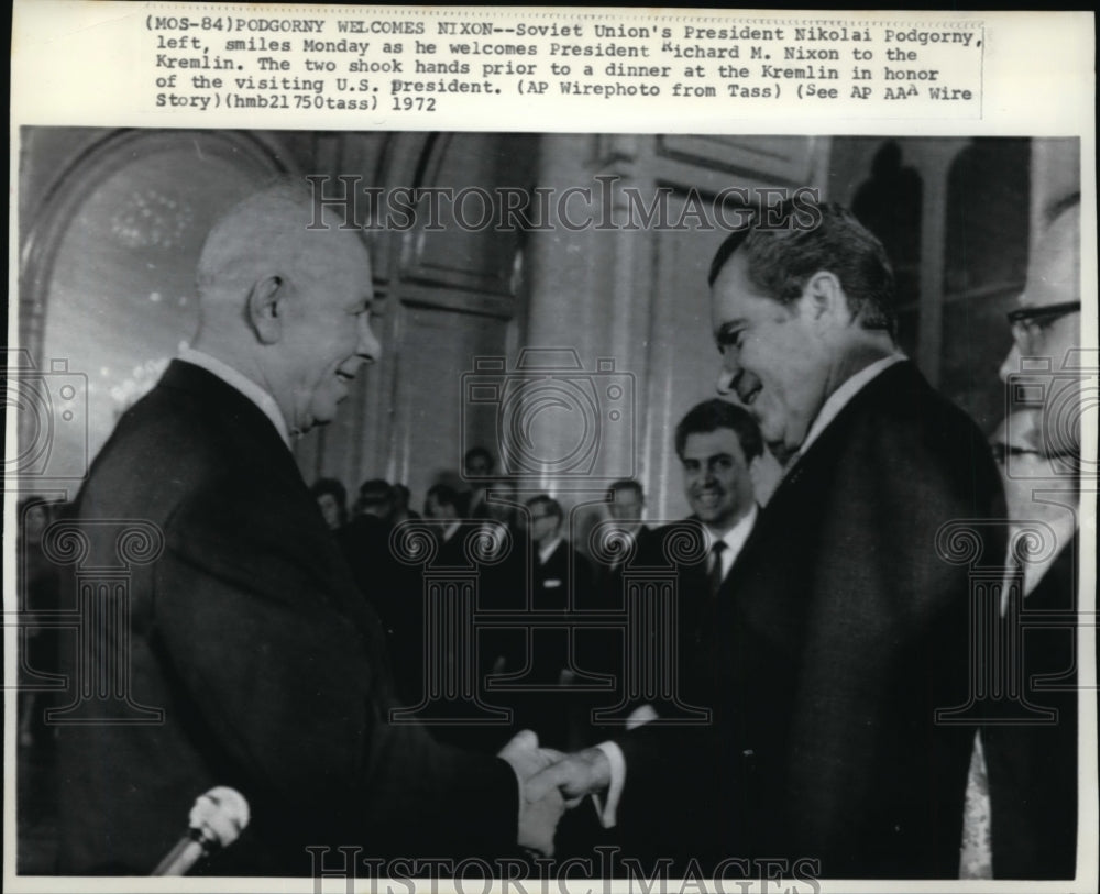 1972 Press Photo Soviet Union&#39;s Pres Nikolai Podgorny welcome Pres Richard Nixon - Historic Images