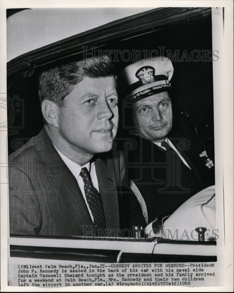 1962 Press Photo Pres. Kennedy and Capt. Shepard in car as arrival at Palm Beach - Historic Images