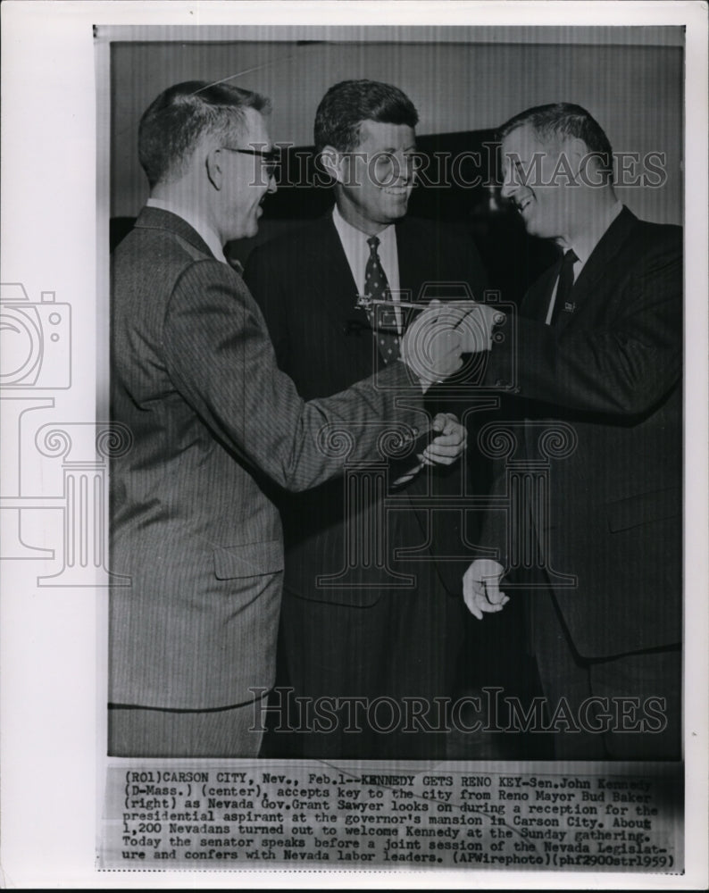 1959 Wire Photo Kennedy gets key to city by Reno Mayor Baker in Carson City - Historic Images