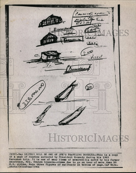 1964 Press Photo One of JFK's Travelling Doodles during his 1963 European trip - Historic Images