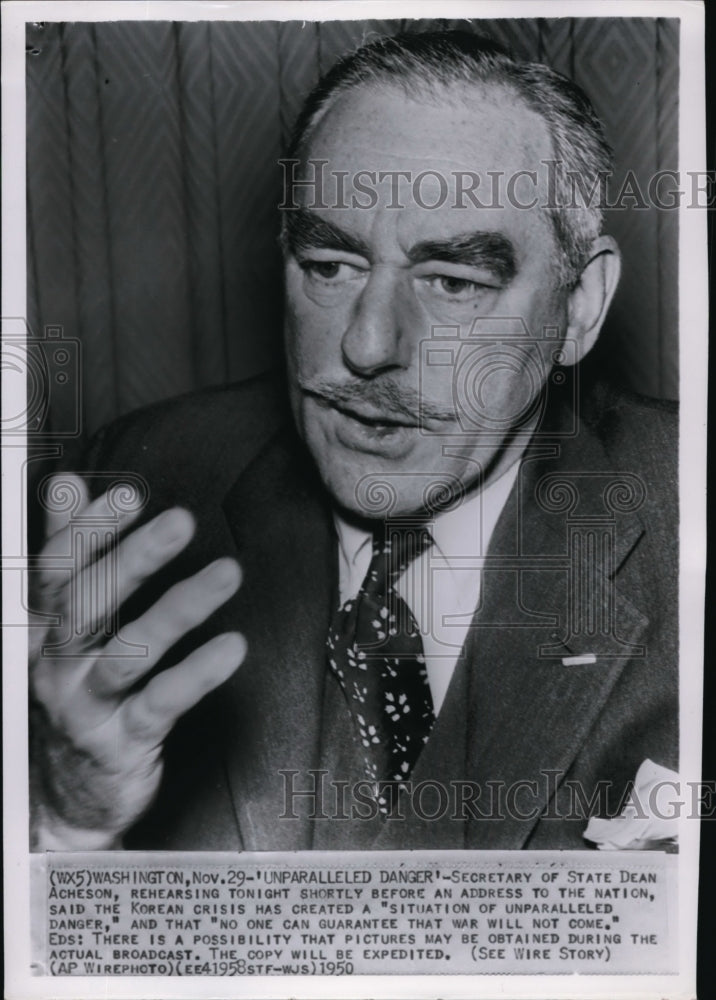 1950 Press Photo Sec of State Dean Acheson on Korean crisis unparalleled danger - Historic Images