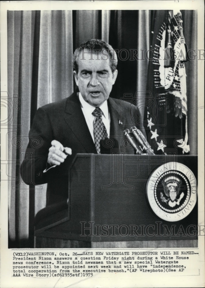 1973 Press Photo President Nixon during White House new Conference - Historic Images