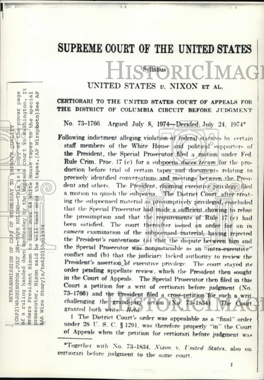 1974 Press Photo Cover page of a ruling by the Supreme Court in Washington. - Historic Images