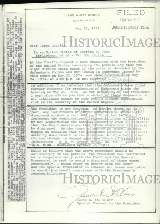 1974 Press Photo Letter by White House Attorney James D.St Clair to U.S District - Historic Images