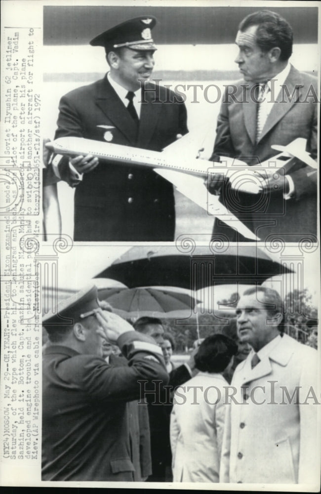 1972 Press Photo Pres. Nixon examined a jetliner at Moscow airport - Historic Images