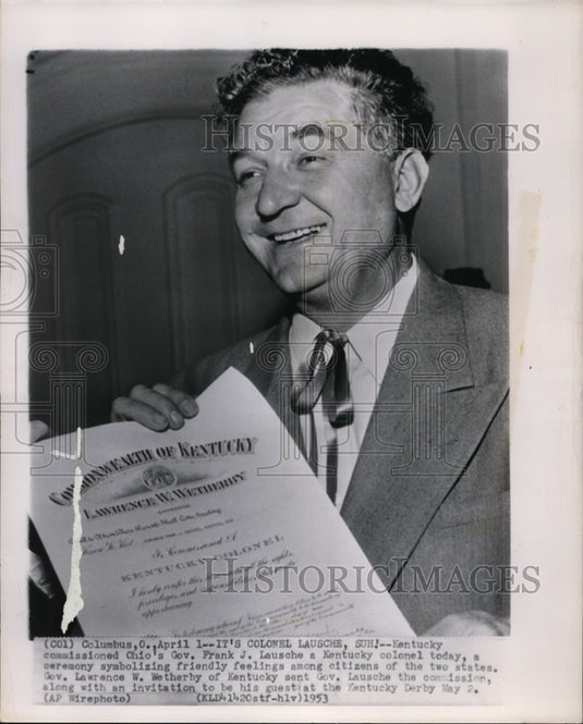 1953 Press Photo Kentucky Commissioned Ohio's Gov. Frank J. Lausche - Historic Images