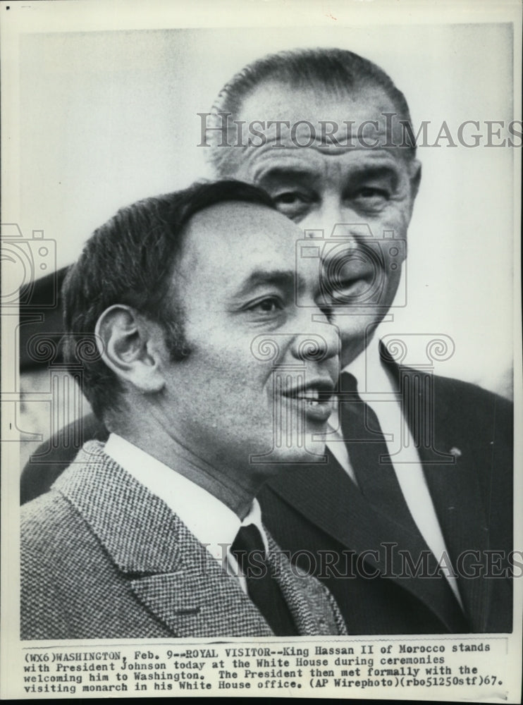 1967 Press Photo King Hassan II of Morocco stands with Pres Johnson at the - Historic Images