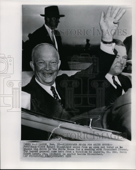 1952 Press Photo Pres-elect Dwight Eisenhower waves from an open car as he begin - Historic Images