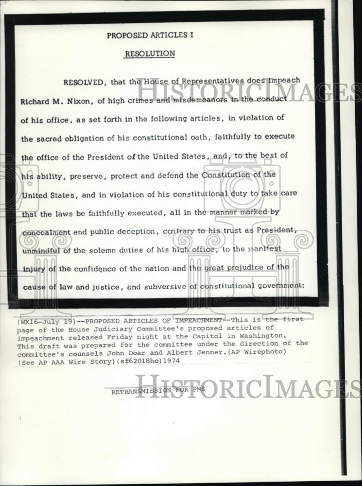 1974 Press Photo First page of the House Judiciary Committee&#39;s proposed articles - Historic Images