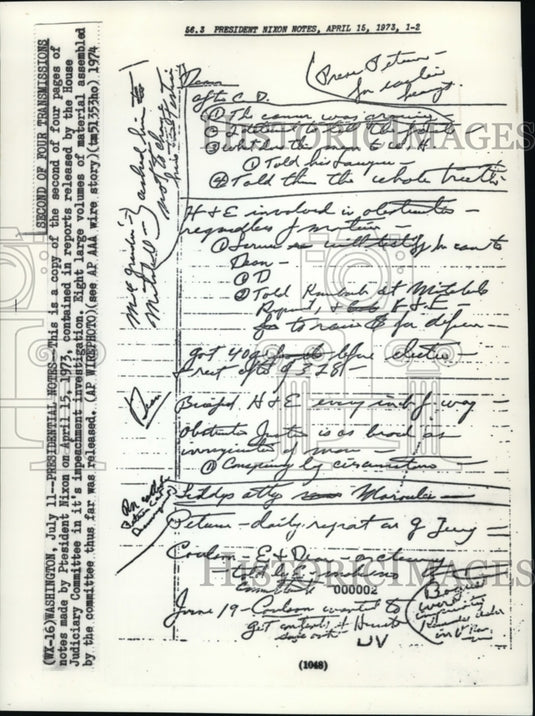 1974 Press Photo Copy of the Second of Four Pages of notes - Historic Images