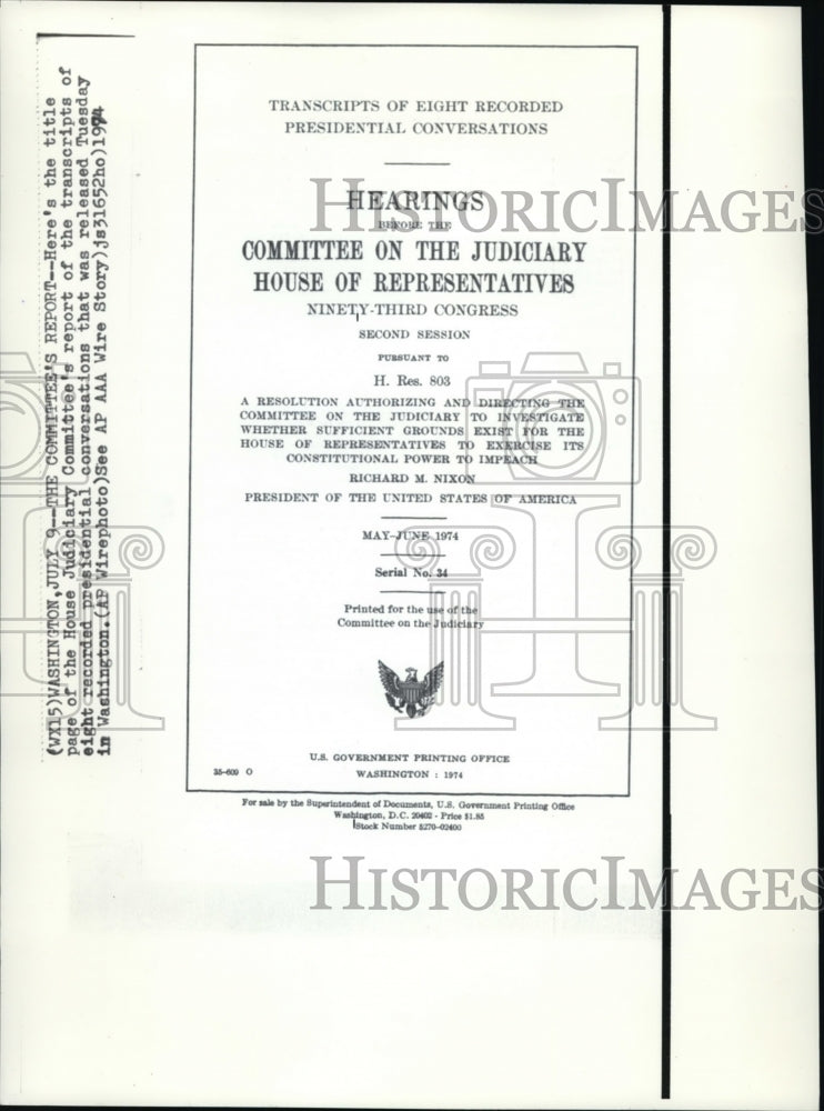 1974 Press Photo The Title Page of the House Judiciary Committee&#39;s Report - Historic Images