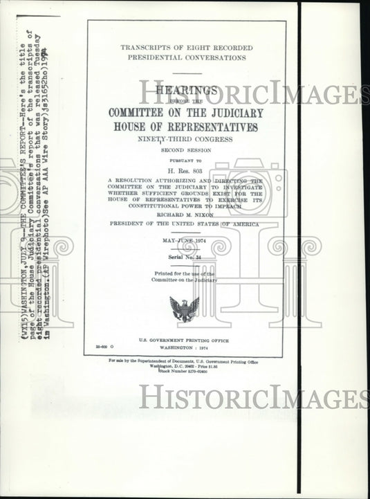 1974 Press Photo The Title Page of the House Judiciary Committee's Report - Historic Images