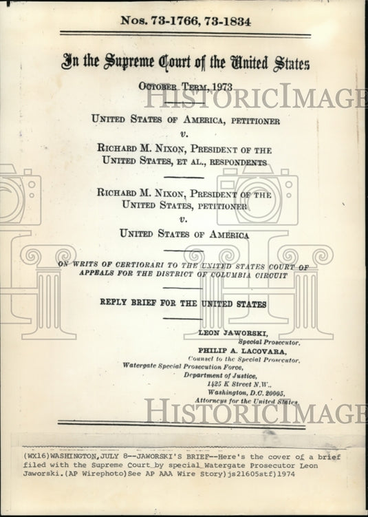 1974 Press Photo Cover of a brief filed with the Supreme Court by Special Waterg - Historic Images