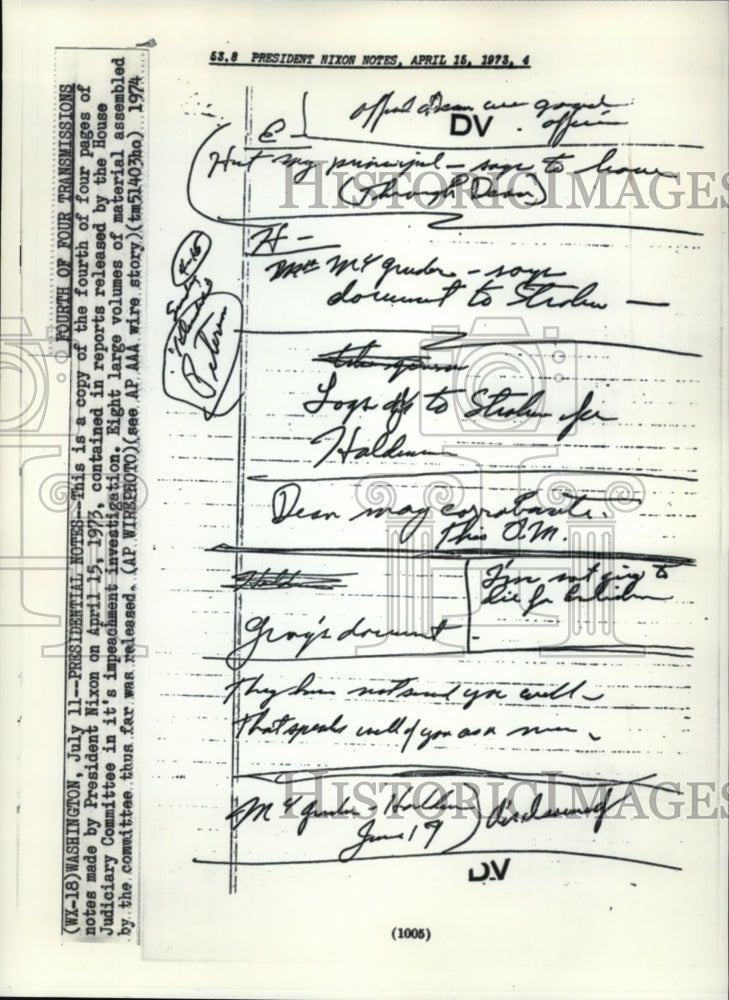 1974 Press Photo Copy of the Fourth of Four Pages of notes made by Pres Nixon - Historic Images