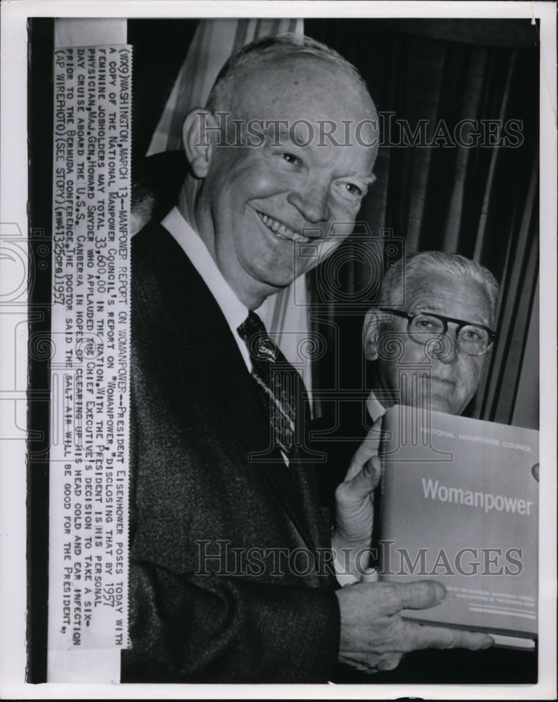 1957 Press Photo President Eisenhower With A Copy Of Womanpower - Historic Images