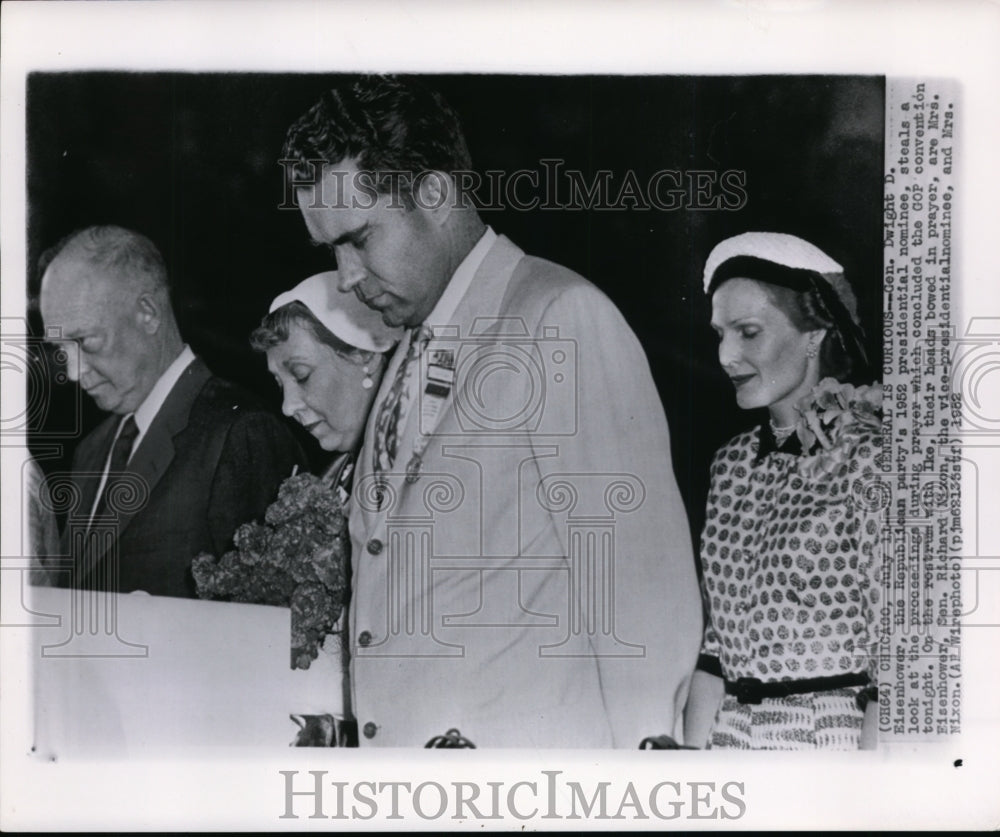 1952 Gen.Dwight D.Eisenhower Steals a Look during Prayer - Historic Images