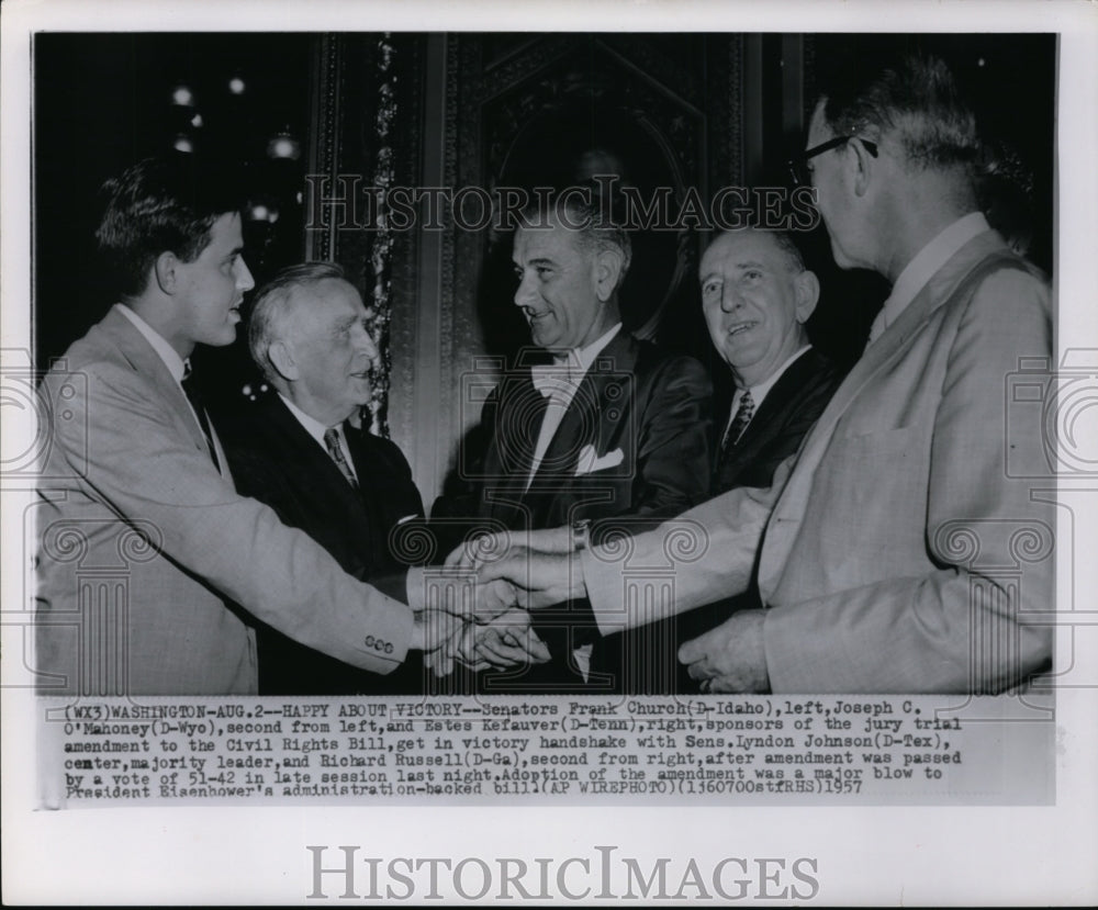 1957 Press Photo Joseph O&#39;Mahoney &amp; Estes Kefauver handshake Sen Lyndon Johnson - Historic Images