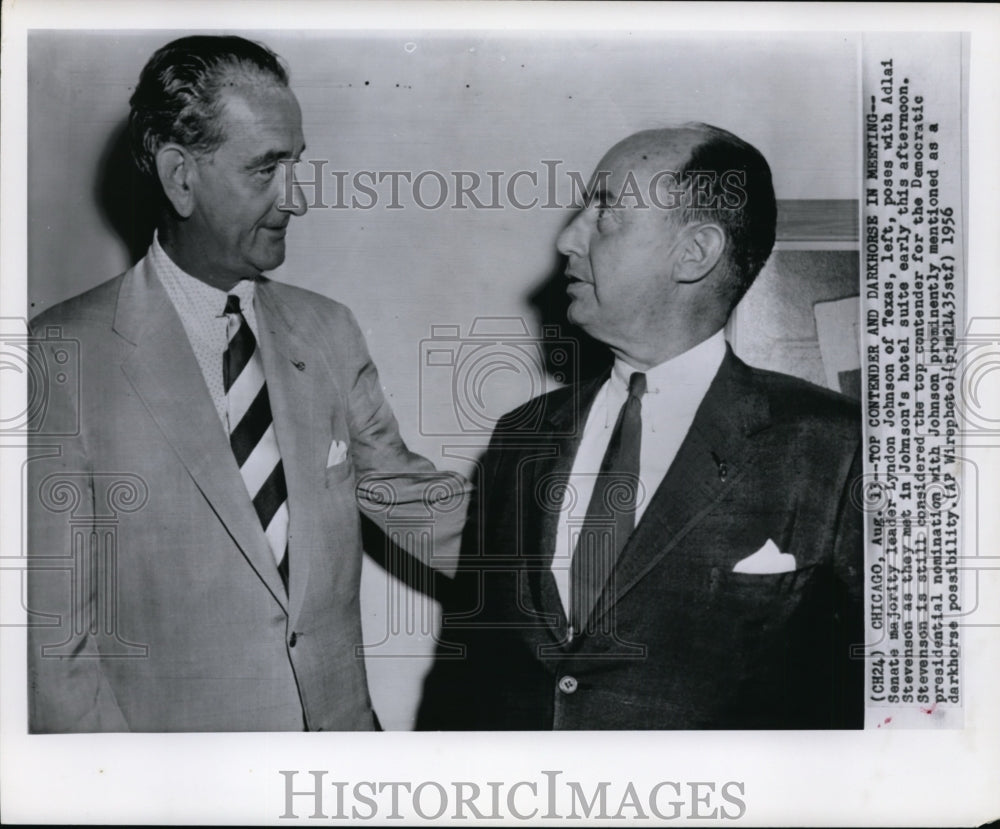 1958 Press Photo Sen majority leader Lyndon Johnson with Adlai Stevenson - Historic Images