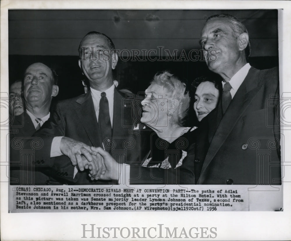 1956 Press Photo Adlai Stevenson &amp; Averell Harriman at party at Hilton Hotel - Historic Images