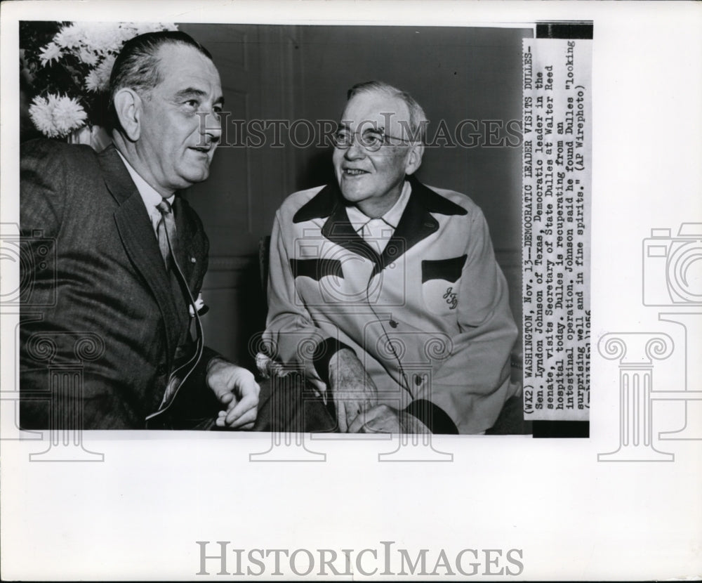 1956 Press Photo Sen Lyndon Johnson visits Sec of State Dulles at Reed Hospital - Historic Images