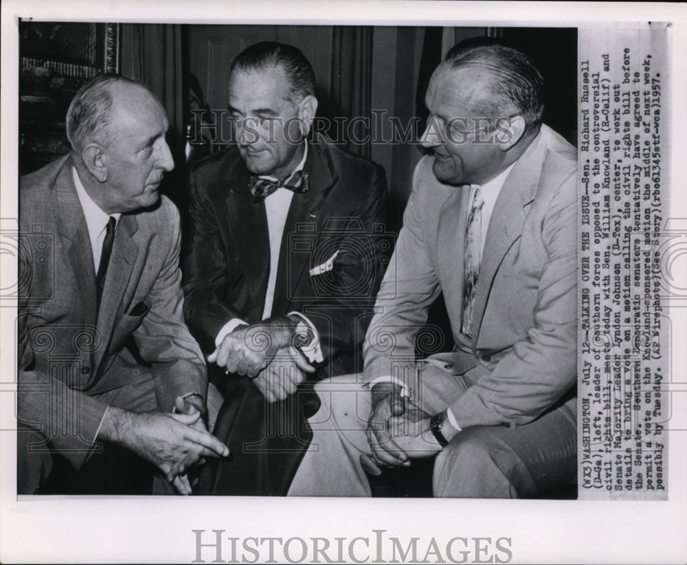 1957 Press Photo Sen.Richard Russel Meets with Sen.,W. Knowland and L. Johnson - Historic Images