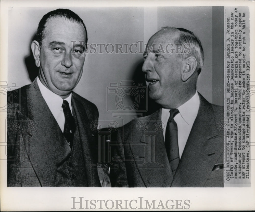 1953 Press Photo Sen.L.B.Johnson and Sen.R.B.Russel Get Together at a Caucus - Historic Images