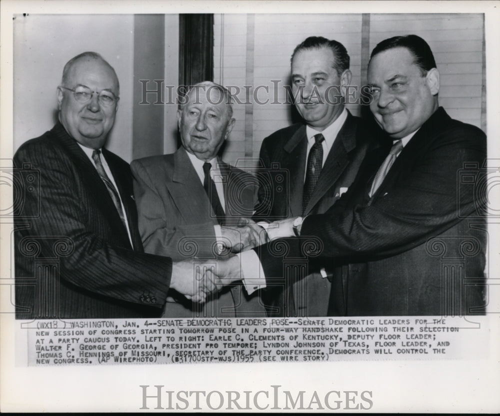 1955 Press Photo The Senate Democratic Leaders  Pose in a Four Way Handshake - Historic Images