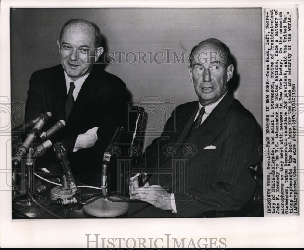 1960 Press Photo Dean Rusk, Sec. of State designate, and Adlai E. Stevenson - Historic Images