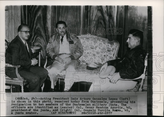 1957 Wire Photo Lopez in resignation with 2 Guatemalan military junta - Historic Images