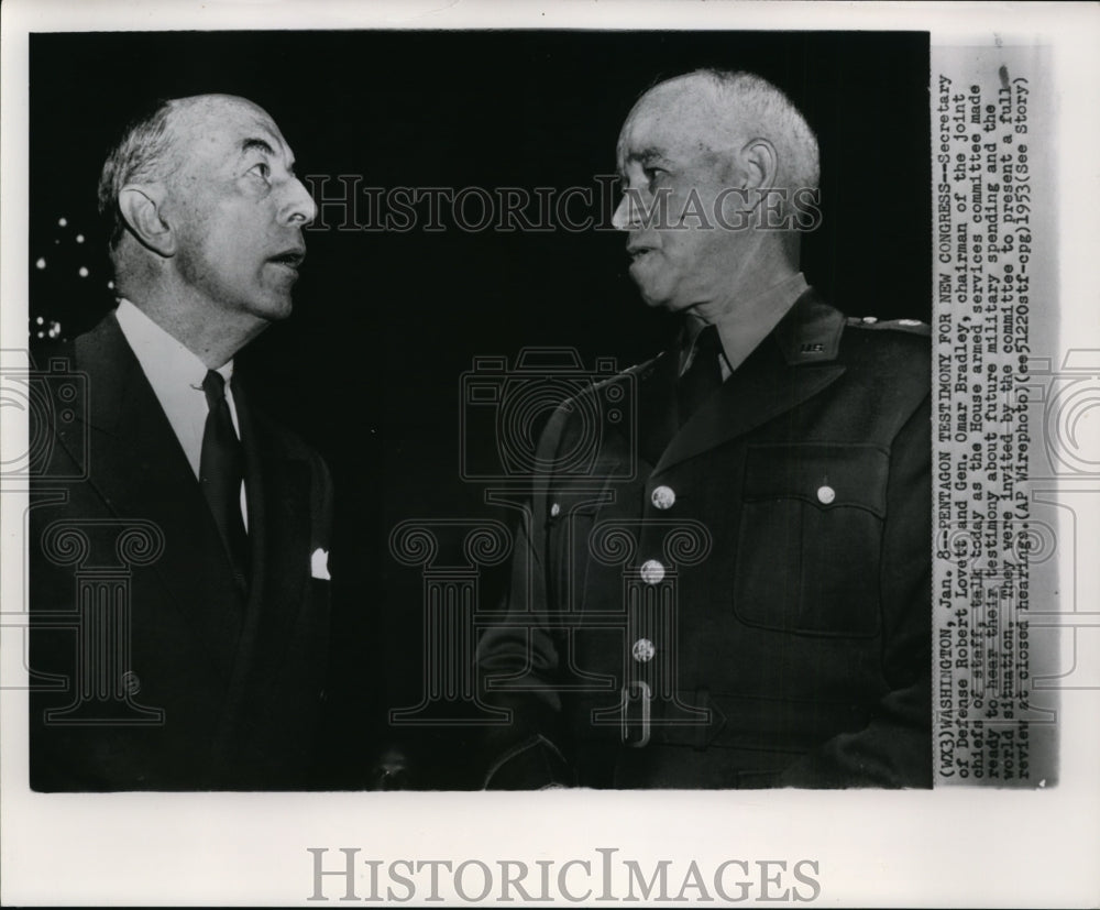 1953 Press Photo Sec of Defense Robert Lovett &amp; Gen Omar Bradley - Historic Images